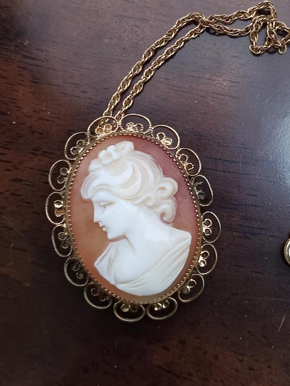 Vintage Genuine Carved Shell Left Facing Cameo Pendant Necklace